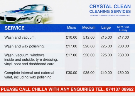 Prices for mobile car valeting Bournemouth by Crystal Clean